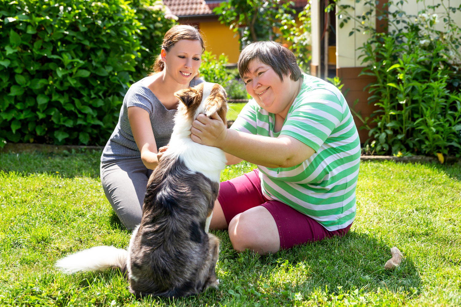 two people sitting on the grass playing with a dog